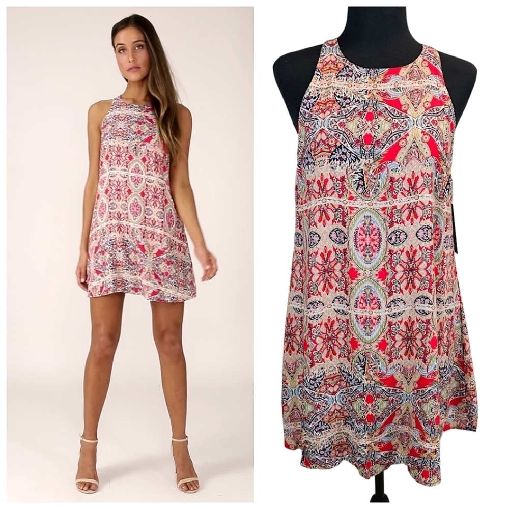 Lulus Womens Abstract Kaleidoscope Print Sleeveless Swing Dress XS Red Summer